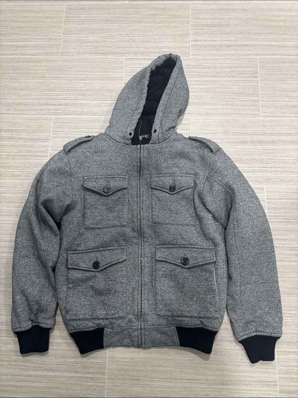 Hooded Gray Zip Utility Jacket